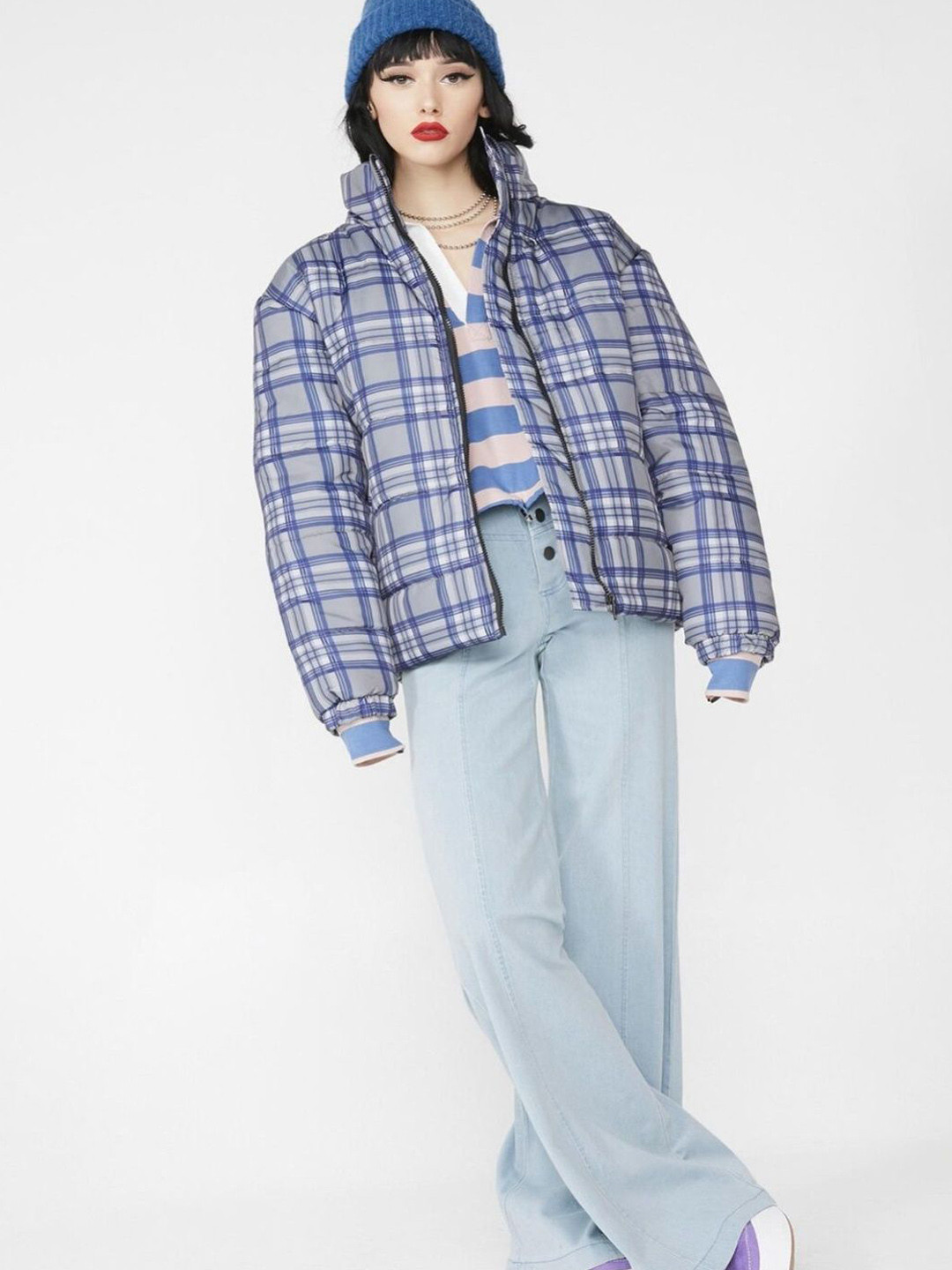 LA CHIC PICK Stand Collar Checked Quilted Jacket