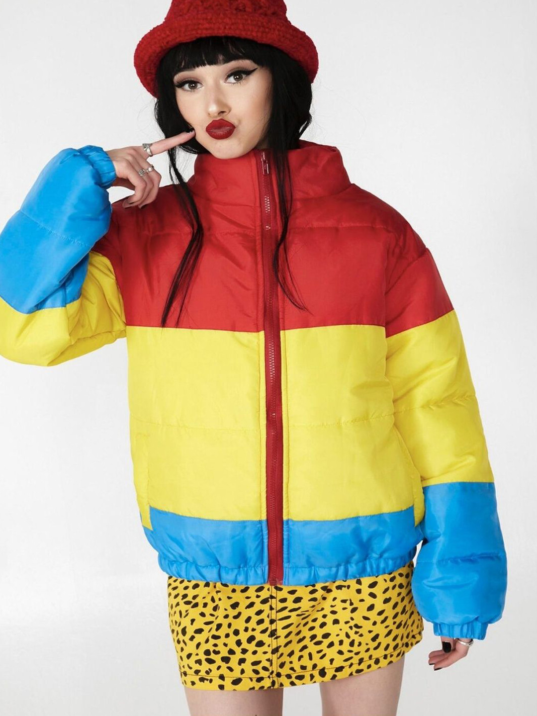 LA CHIC PICK Colourblocked Stand Collar Crop Puffer Jacket