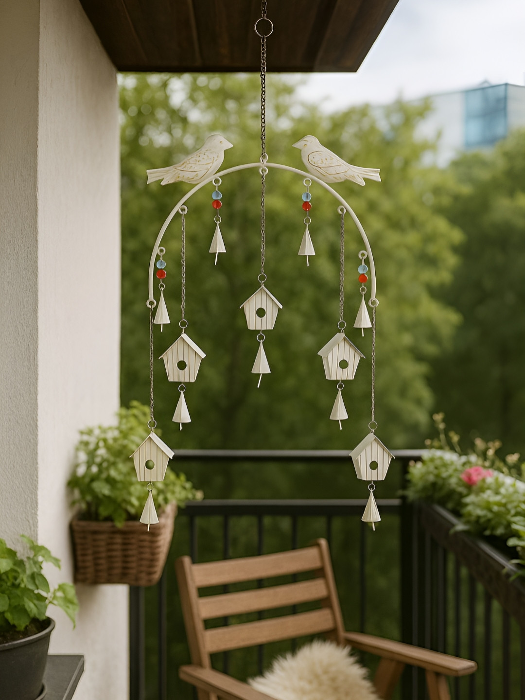 DULI White & Red Birdhouse Windchime With Hanging Bell