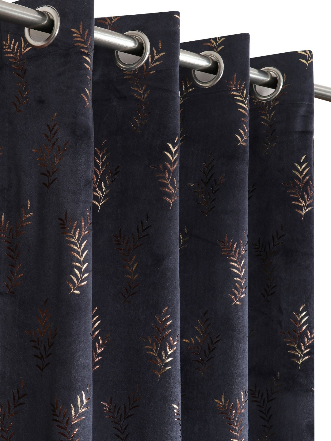 GEET CREATIONS Navy Blue & Gold 2 Pieces Leaf Printed Room Darkening Window Curtains