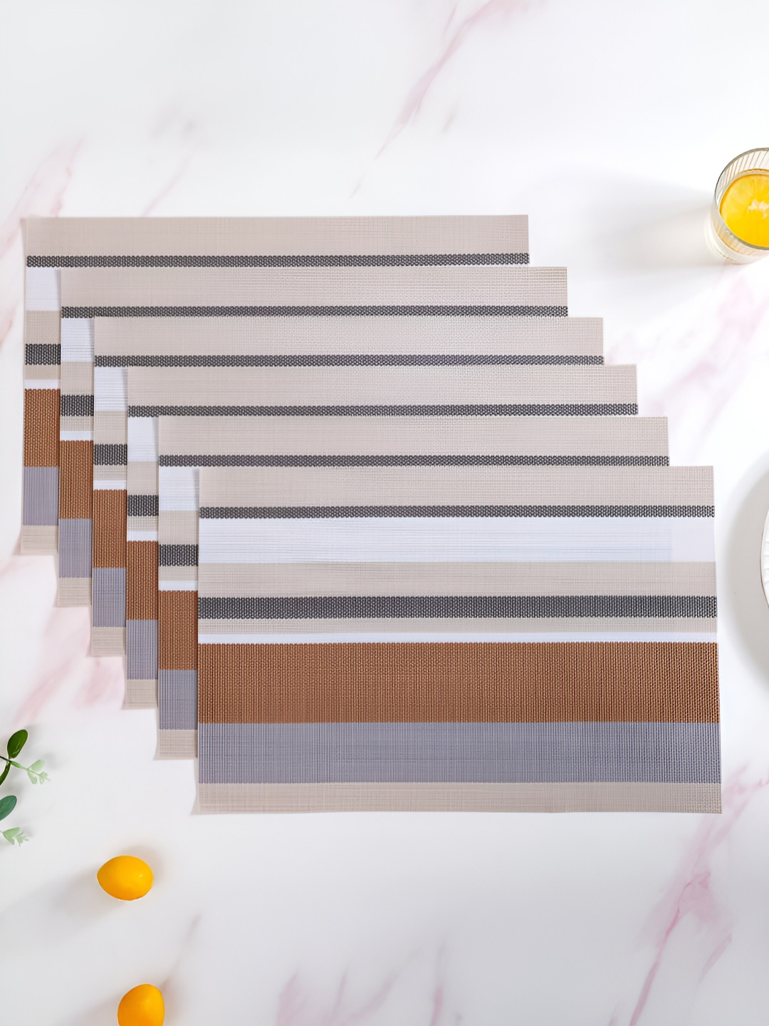 Nestasia Brown & Beige 6 Pieces Striped Anti-Slip Dining Table Placemats