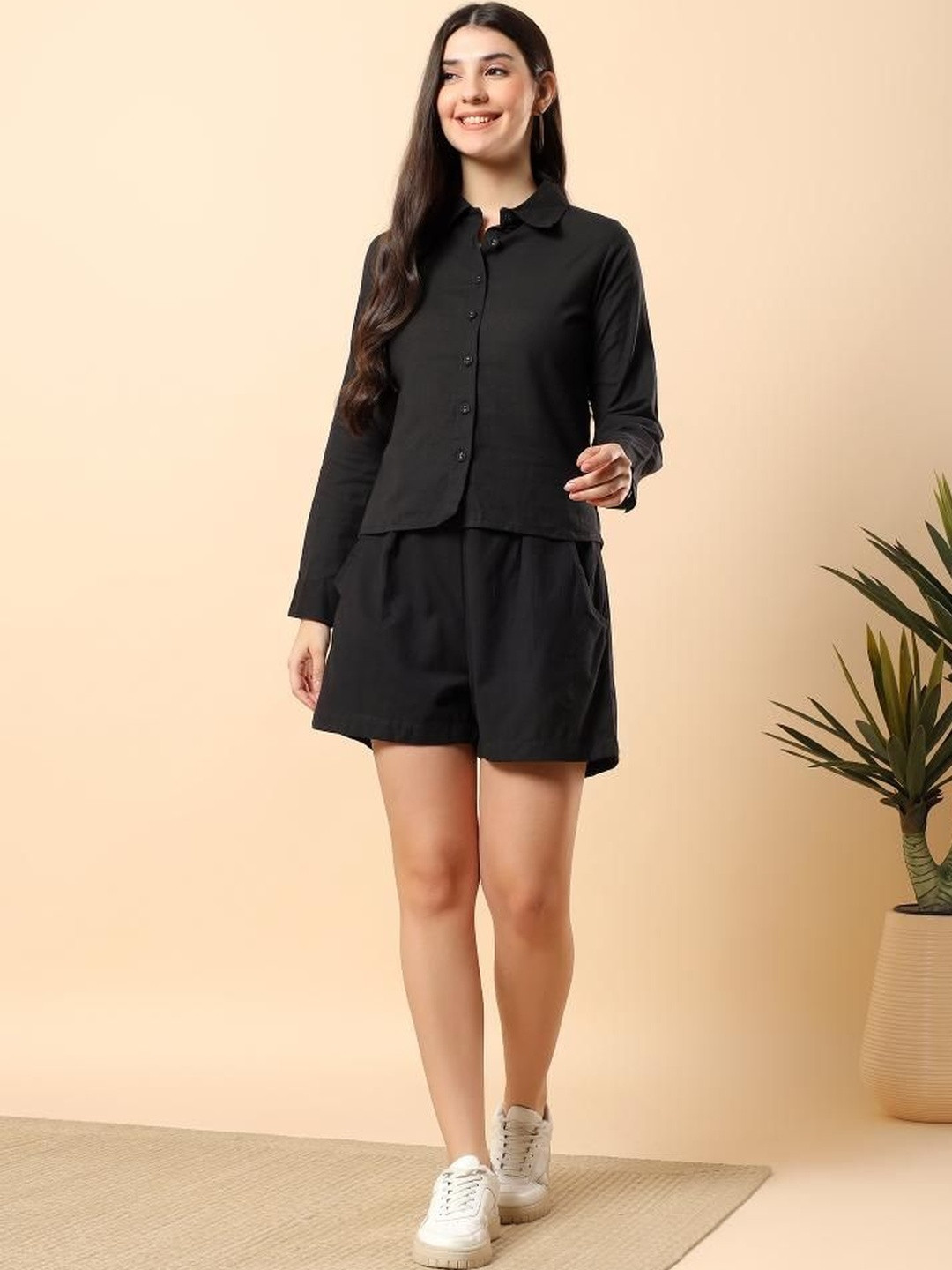 HERE&NOW Women Black Cotton Flex Solid Shirt With Short Pants Set