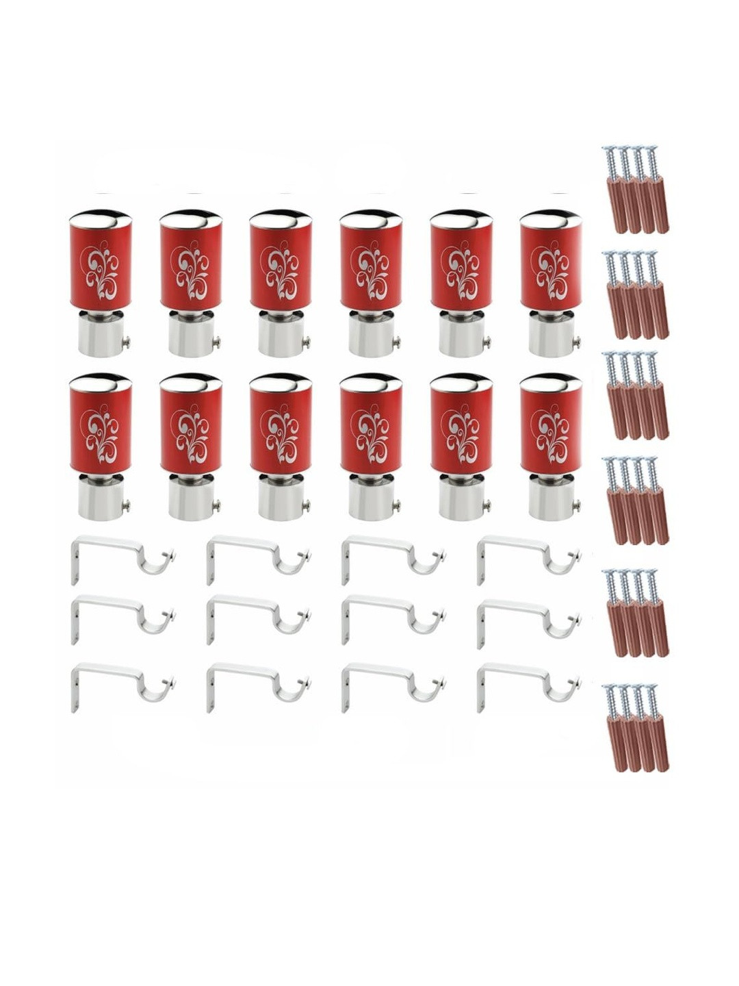 GLOXY 12 Pcs Red & Silver Metal Curtain Rods And Brackets