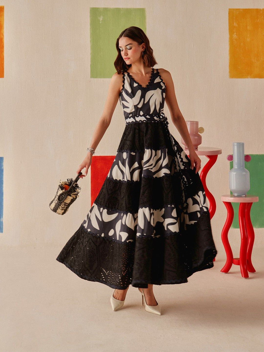 Sage by Mala Abstract Printed V-Neck Fit and Flare Maxi Dress