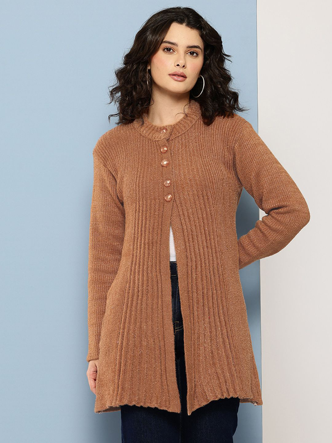 BAESD Women Ribbed Rounf Necj Full Sleeve Woolen Cardigan Sweater