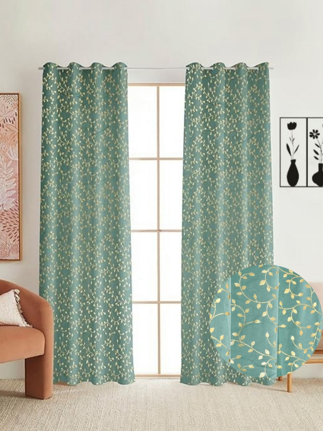 GEET CREATIONS 2 Pieces Green & Gold Abstract Printed  Room Darkening Window Curtains