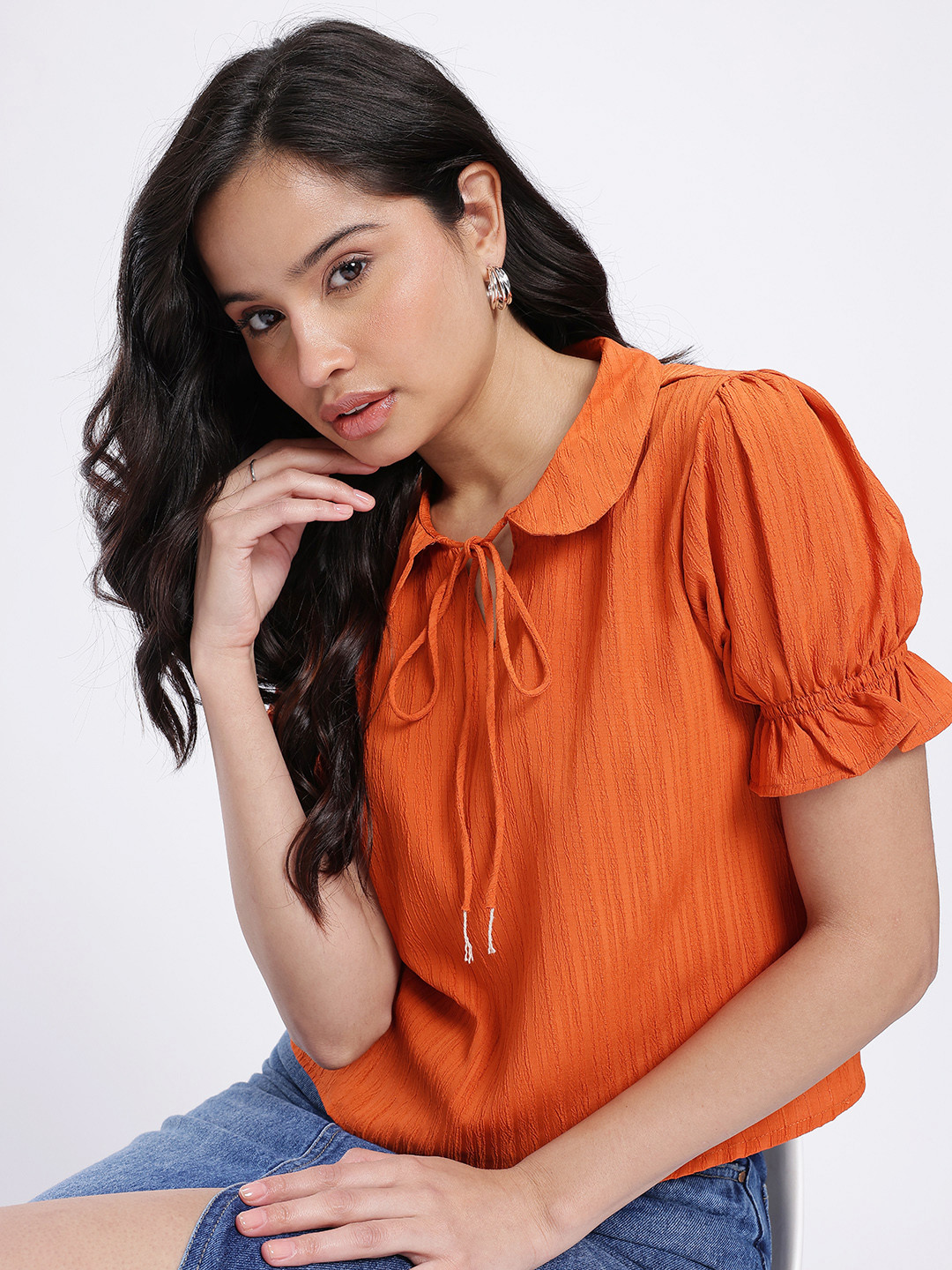 glitchez Seersucker Tie-Up Detail Peter Pan Collar Puff Sleeve Regular Top