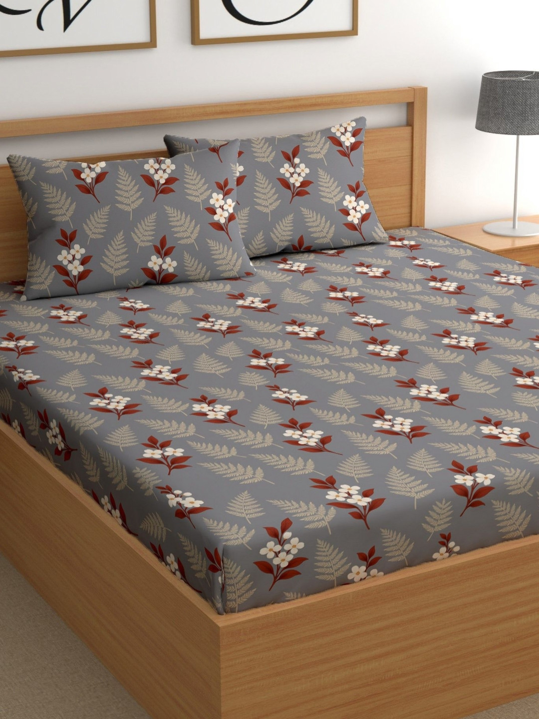 CG HOMES Grey Floral 180 TC Cotton Double Bedsheet With 2 Pillow Covers 2.20 m x 2.20 m