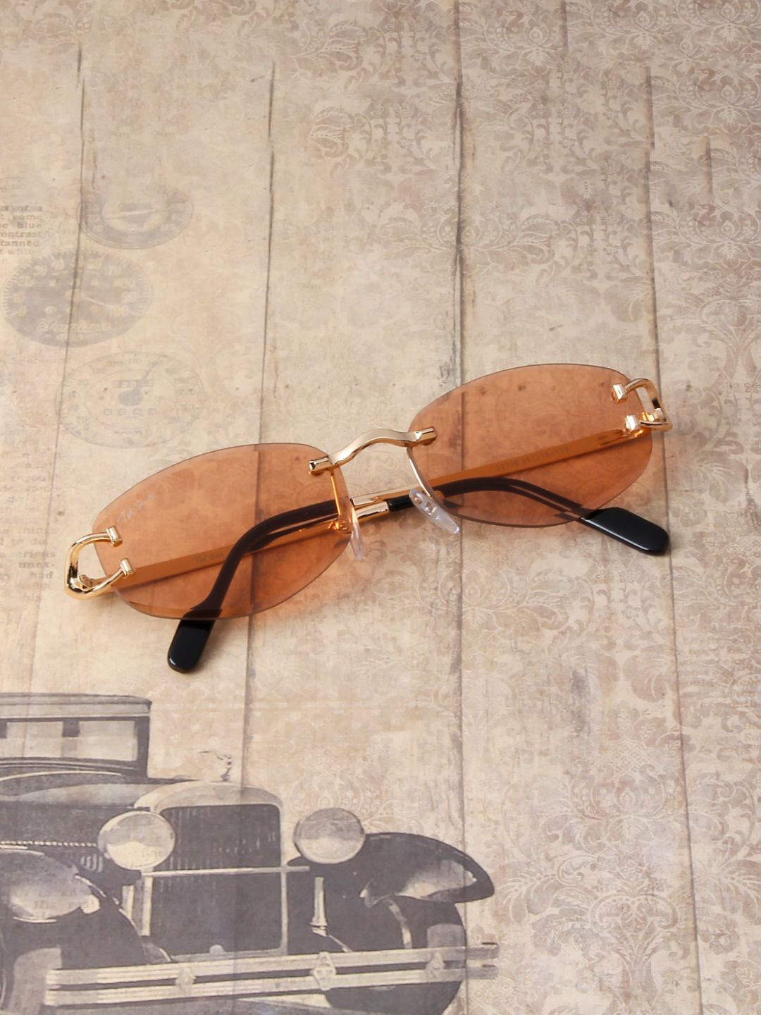 Ted Smith Unisex Rimless Oval Gold Pink Sunglasses With UV Protected Lenses