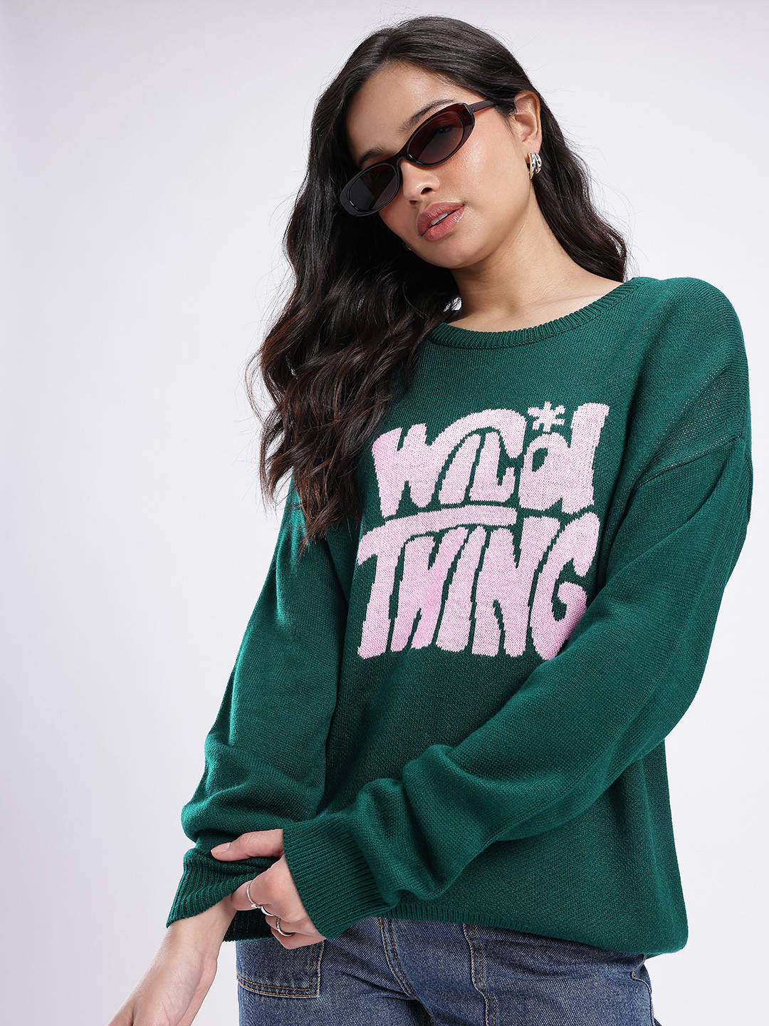 glitchez Oversized Typography Self Design Drop-Shoulder Sleeves Pullover Sweaters