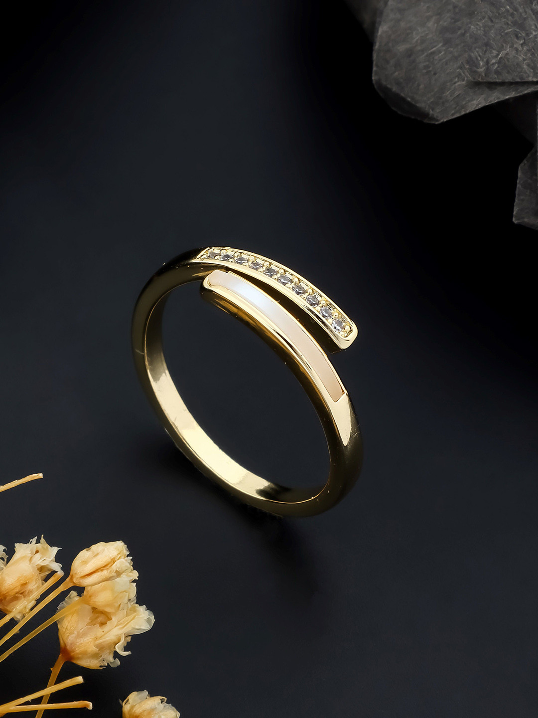 QUERALT Brass Plated Stainless Steel American Diamond Studded Spiral Wrap Finger Ring