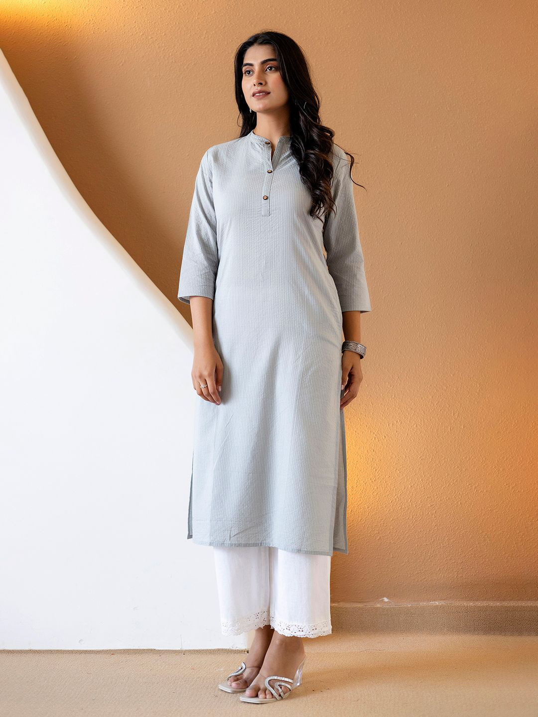 Cora Striped Mandarin Collar Cotton Kurta