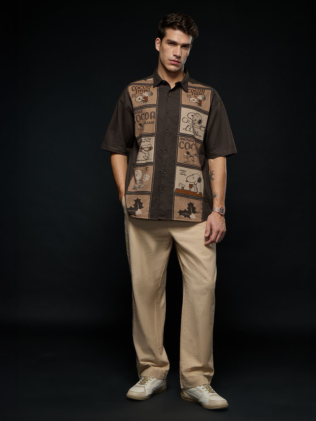 The Souled Store Peanuts Oversized Retro Snoopy Graphic Printed Cotton Linen Shirt