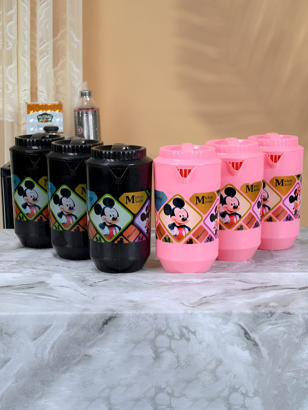 Aura Black & Pink 6 Pieces Printed Dishwasher Safe Water Jugs