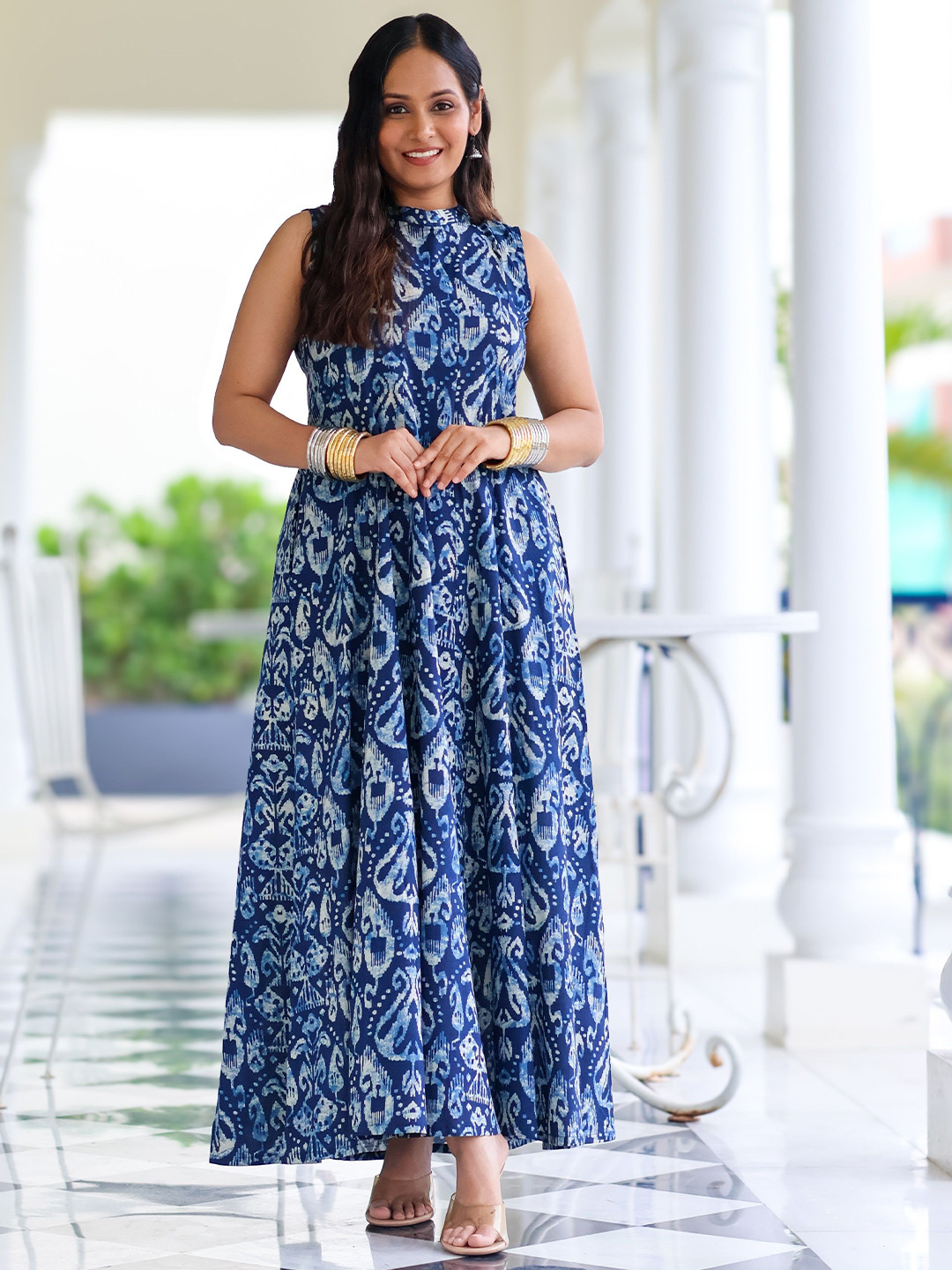 Sivaka India Ikat Printed Pure Cotton Maxi Dress