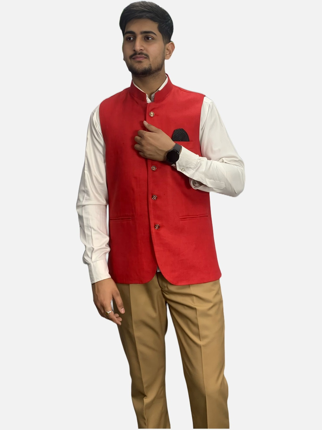 GARGIAN Master Cut Men Solid Band Collar Sleeveless Nehru Jacket