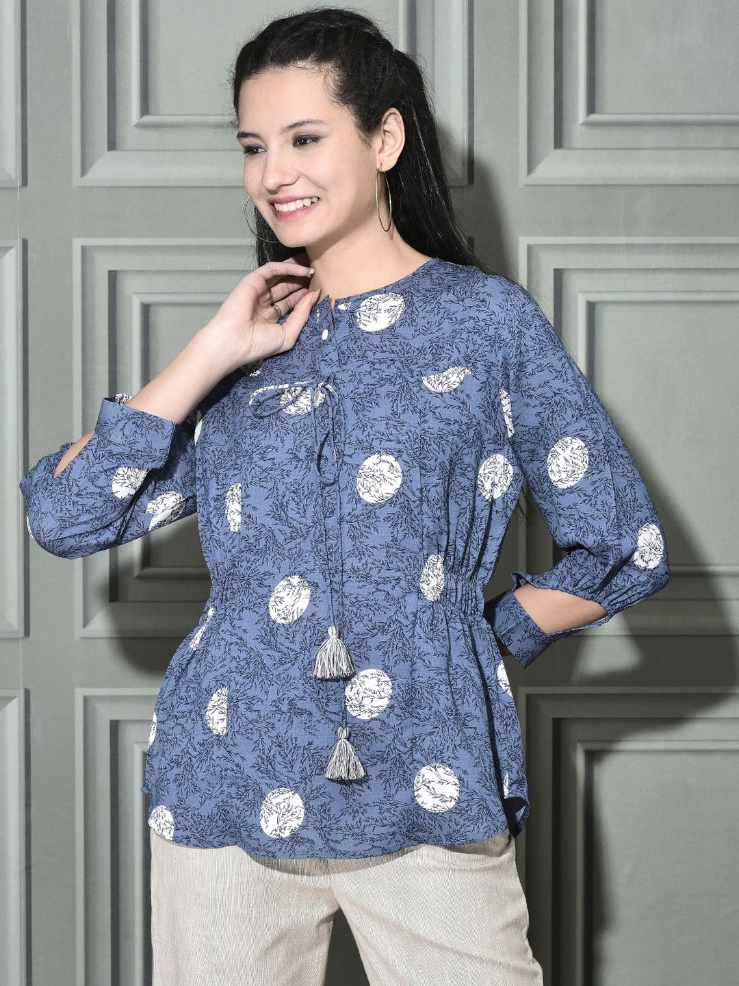FFU Women Floral Printed Lace-Up Round Neck Top