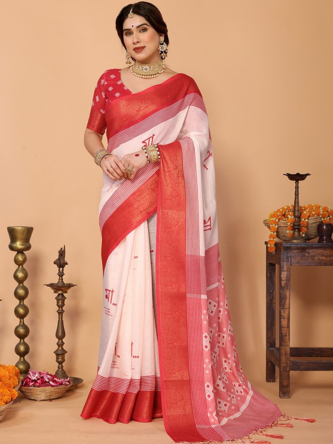 MAHARANI COUTURE Printed Pure Linen Banarasi Saree with Woven Design Zari Border