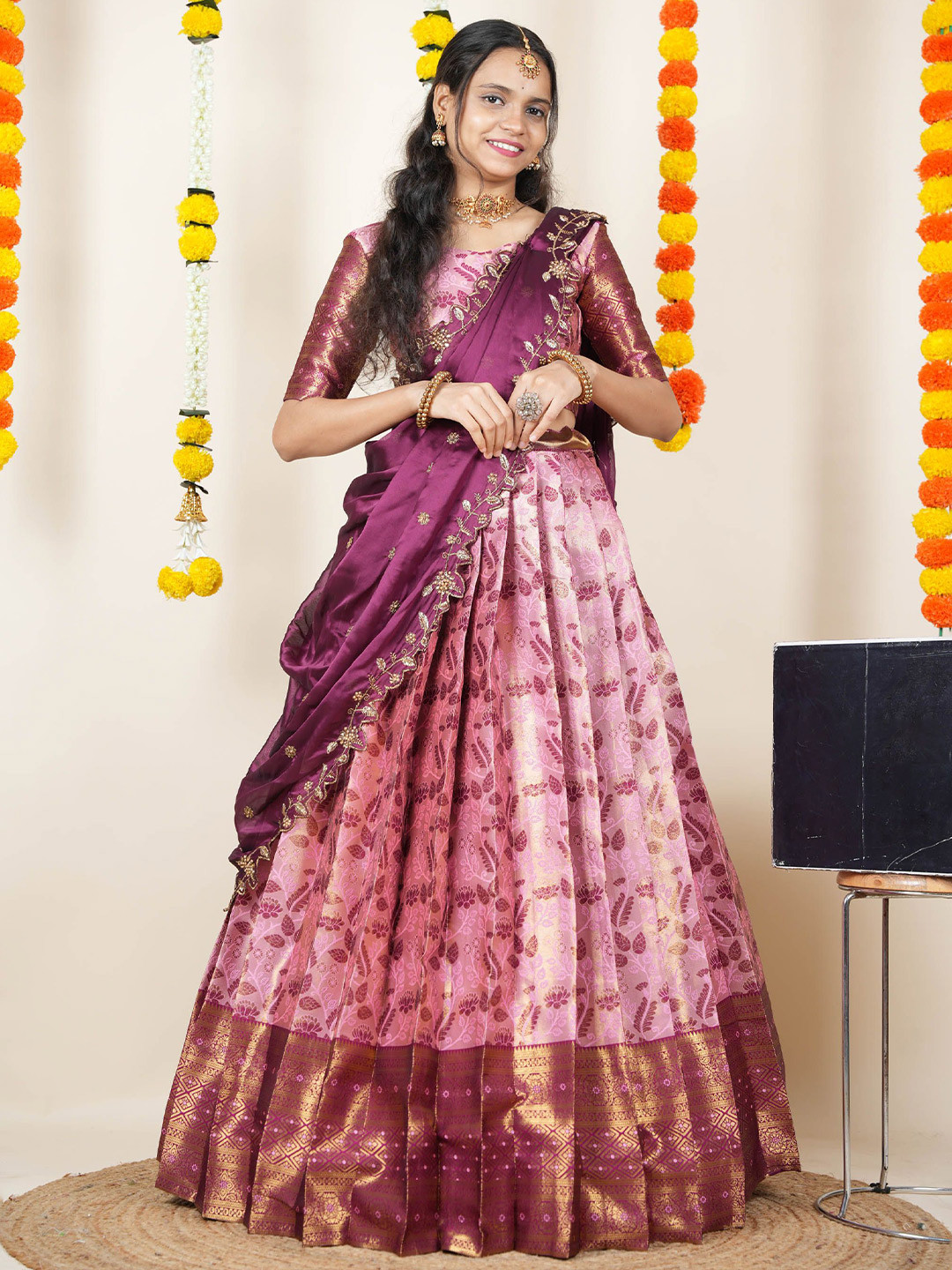 Fabcartz Woven Design Semi-Stitched SilkLehenga & Unstitched Blouse With Dupatta