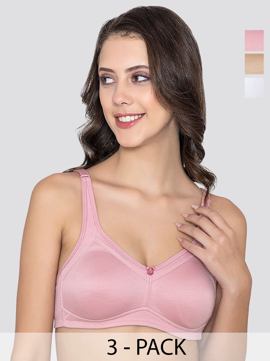 Kalyani Martin Pack Of 3 Non-Padded Seamless Cups Moulded Bras With Cushioned Straps