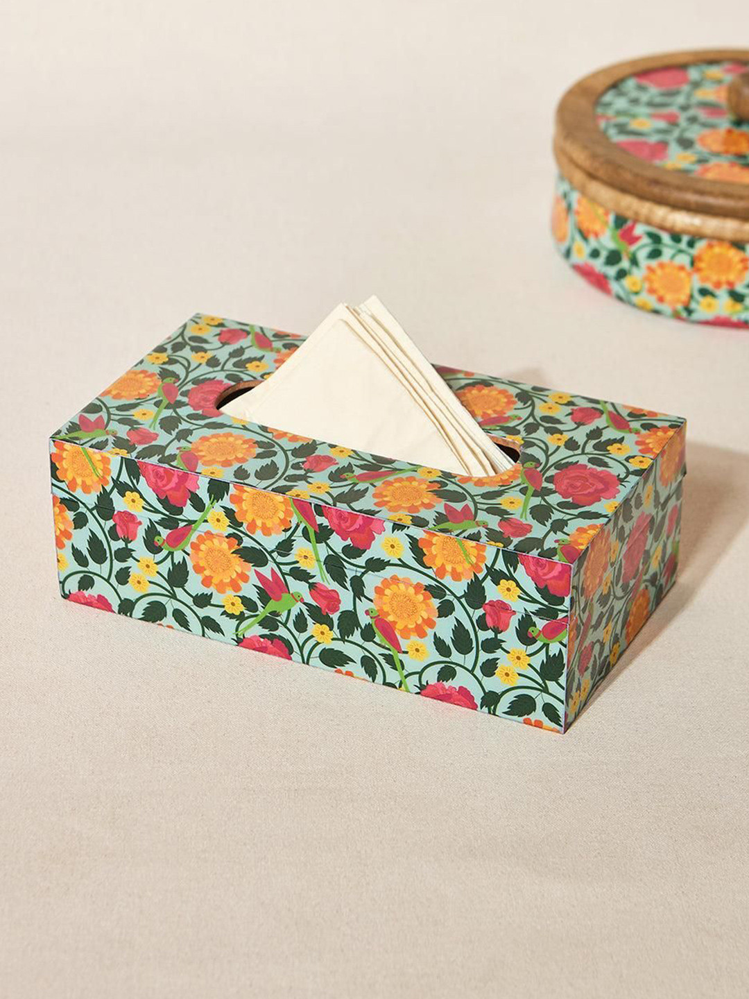 Chumbak Rani Bagh Blue & Yellow Floral Printed Tissue Box