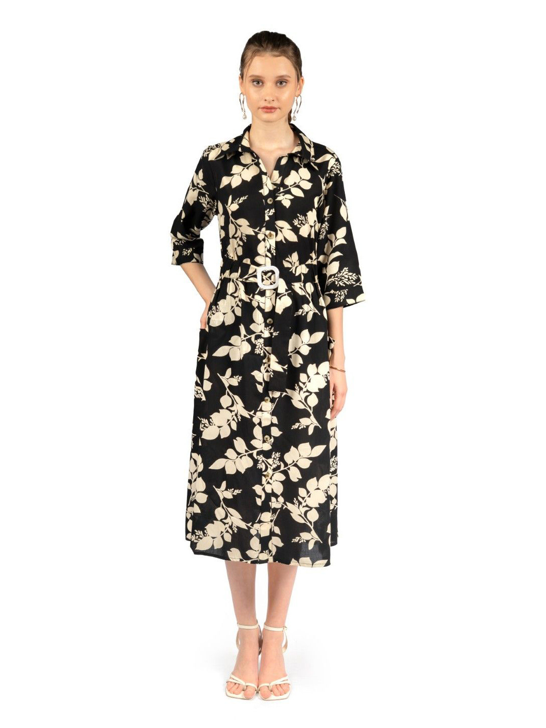 CORY EDGE Ethnic Motifs Printed Belted Shirt Midi Dress