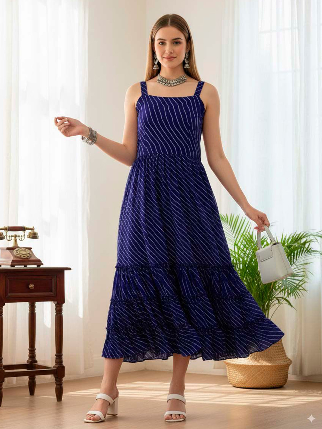LIPS CROWN Striped Shoulder Straps Fit & Flare Midi Dress