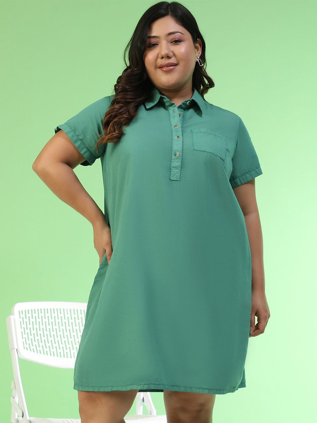 Oxolloxo Shirt Collar Button Detail Short Sleeve Shirt Dress