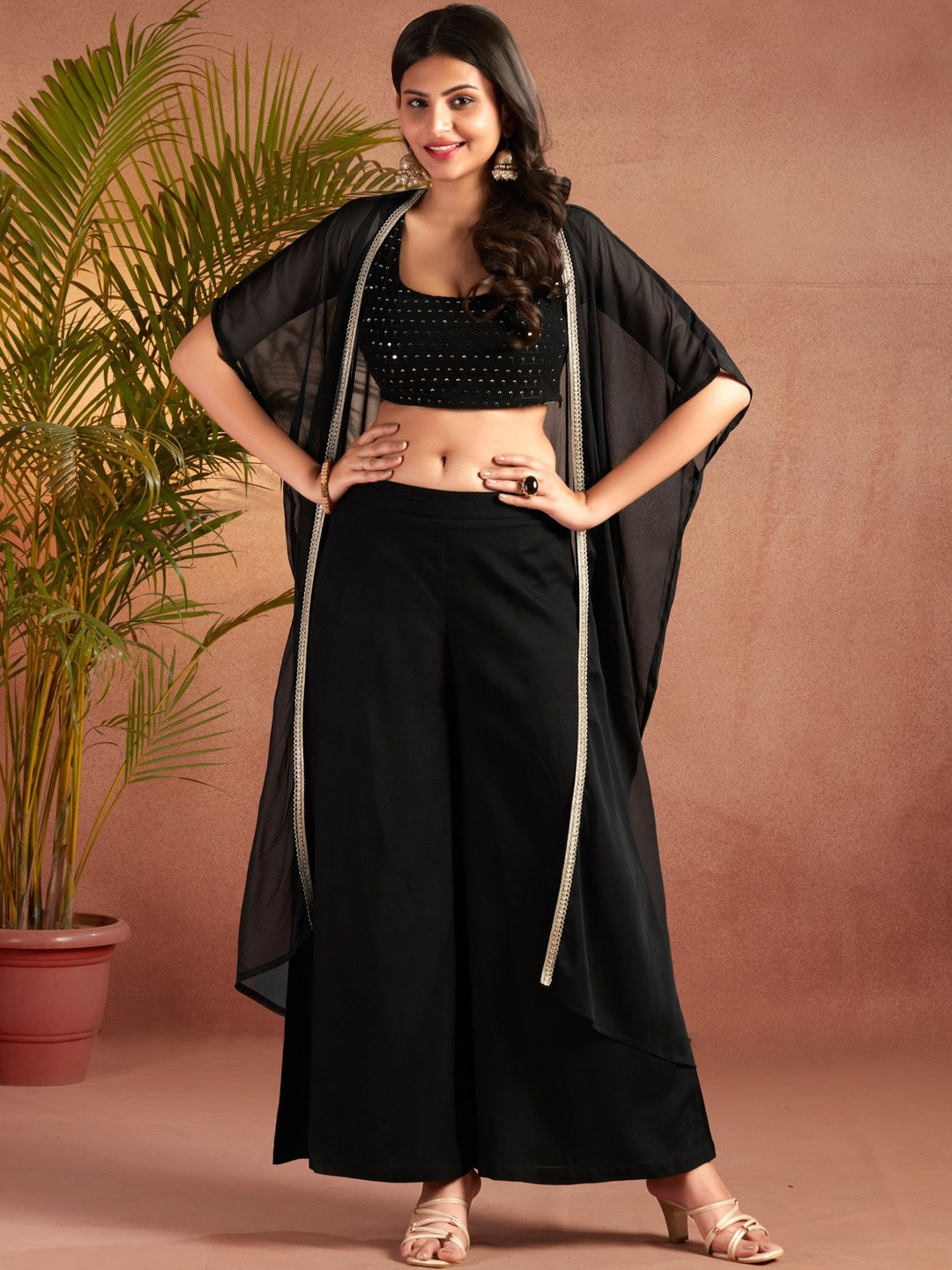 HERE&NOW Women Georgette Sequence Crop Top With Palazzo & Shrug Co-Ords