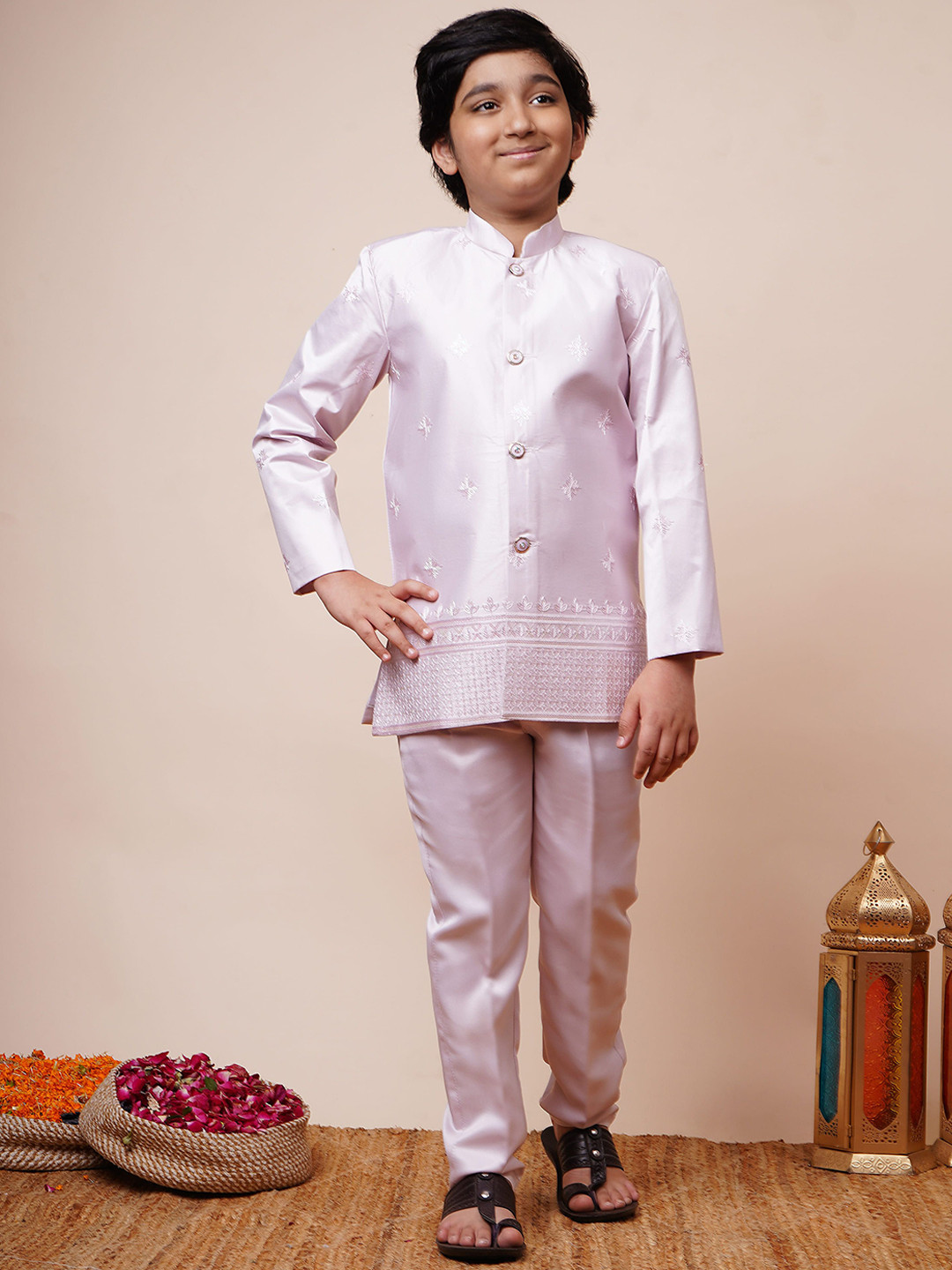 BT DEZINES Boys Cotton Silk Sequined Embroidered Sherwani Trouser Set with Shrug