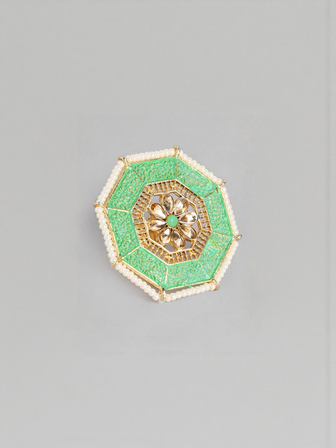 Anxvi Gold Finished Mint Green Minakari Adjustable Delicate Design Finger Ring