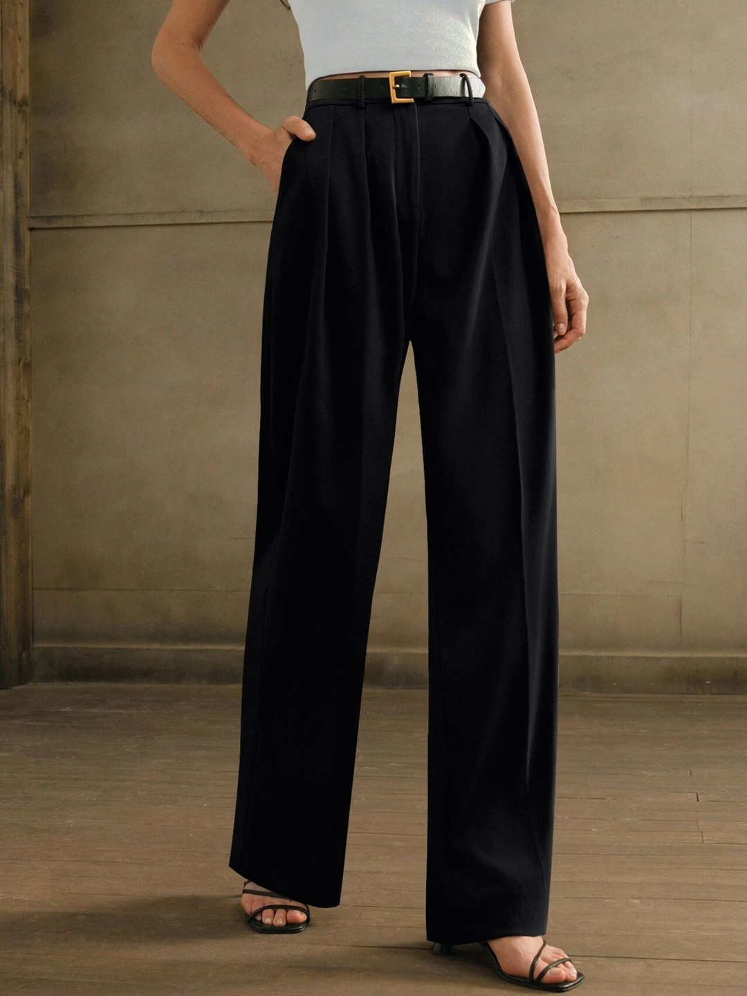 SZN Women Black Formal Wide Leg Trousers