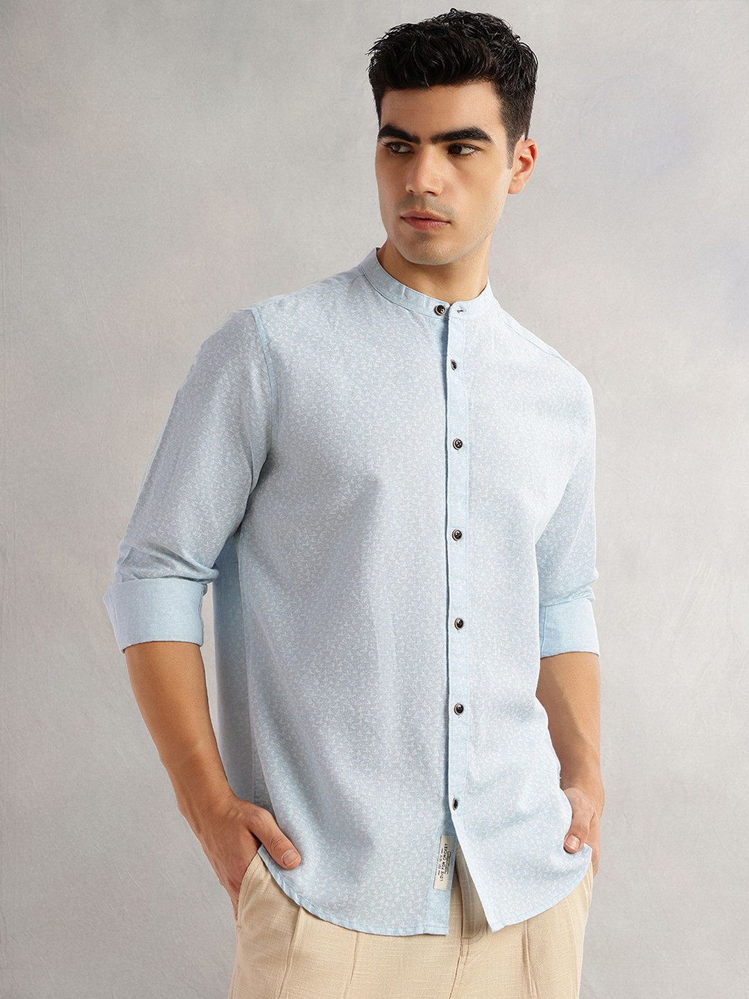 Thomas Scott Classic Slim Fit Conversational Printed Mandarin Collar Cotton Casual Shirt