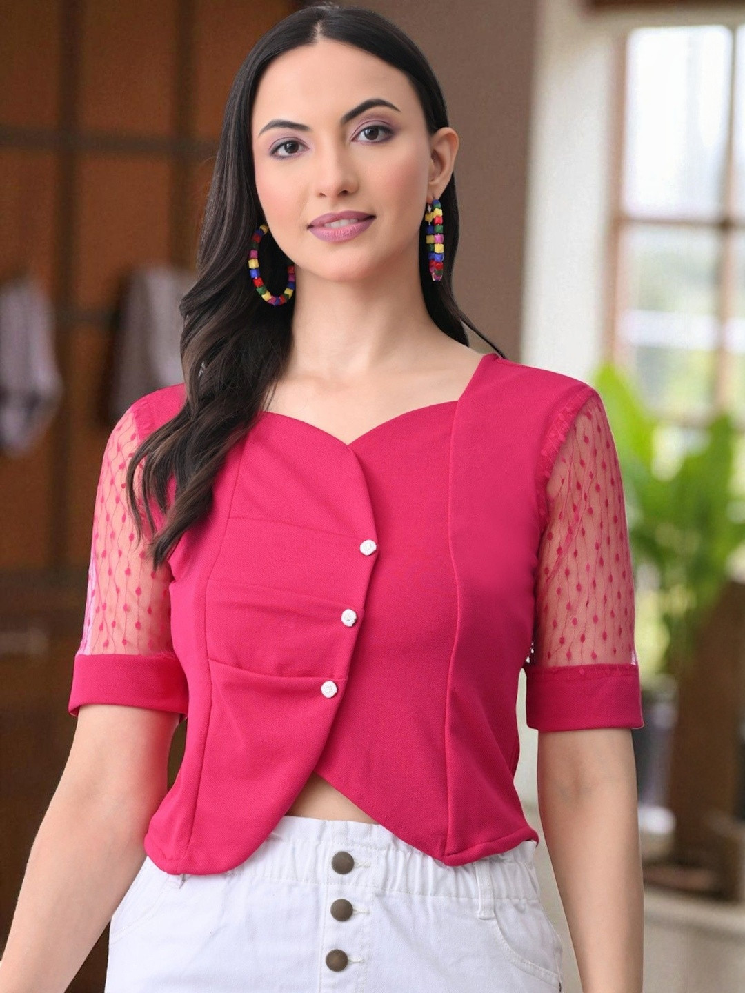 ZEUGEN Women Overlap Neck Sheer Sleeve Top