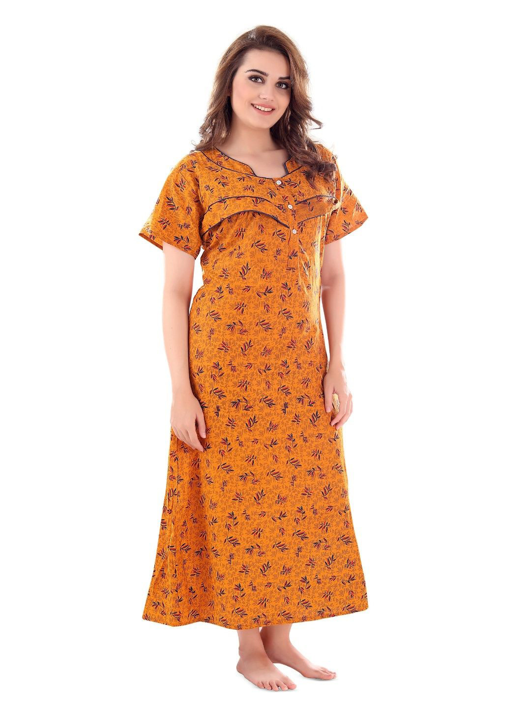 ANKONA Women Floral Printed Round Neck Cotton Maternity Maxi Feeding Nightdress