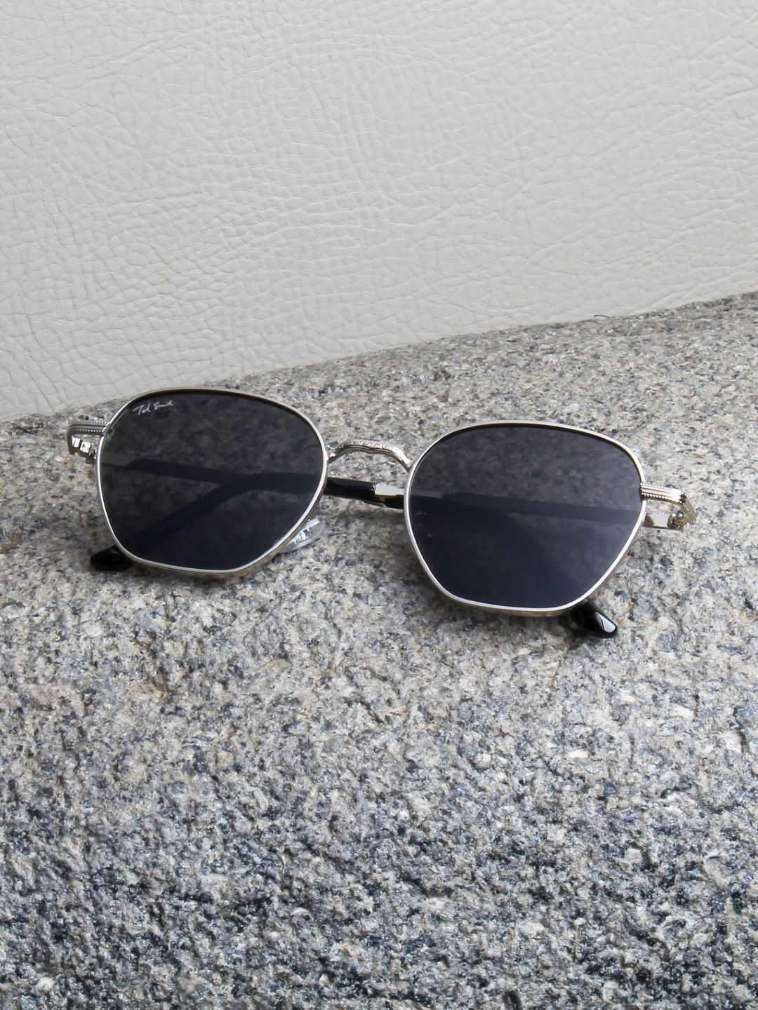 Ted Smith Unisex Hexagon Silver Black Sunglasses With UV Protected Lenses