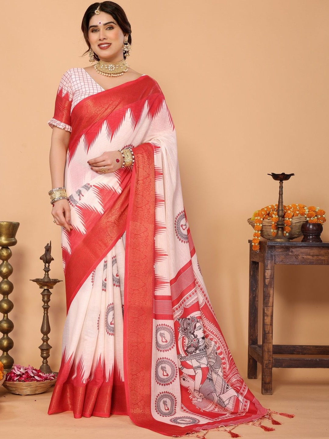MAHARANI COUTURE Ethnic Motifs Printed Woven Design Border Pure Linen Banarasi Saree