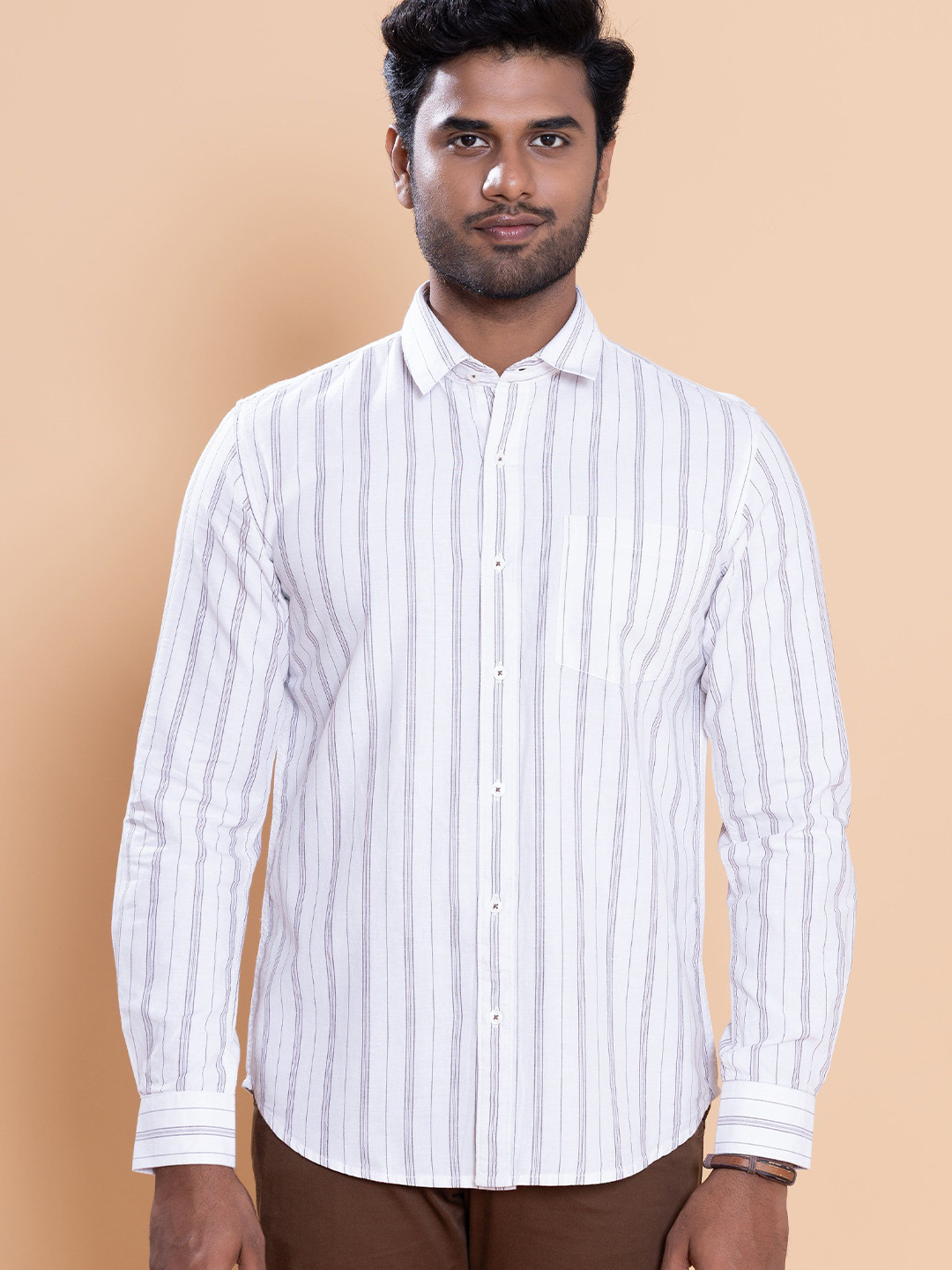 Native Bull Classic Vertical Striped Spread Collar Cotton Shirt