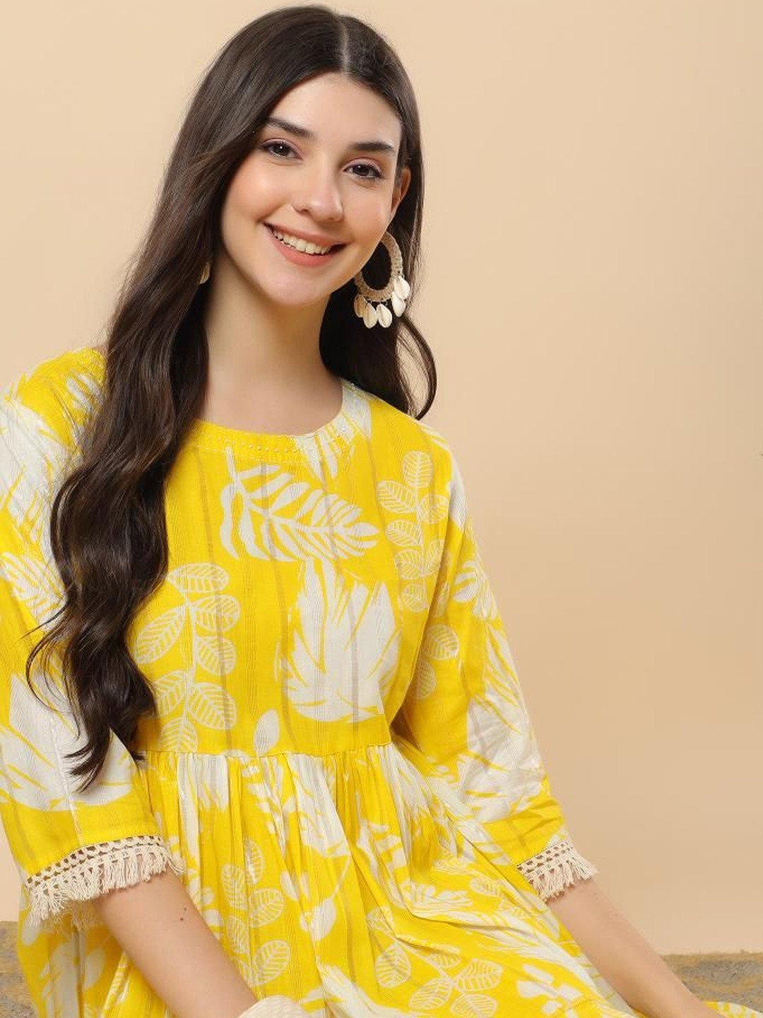 Angkor Floral Printed Round Neck Fit And Flared Cotton Ethnic Dress