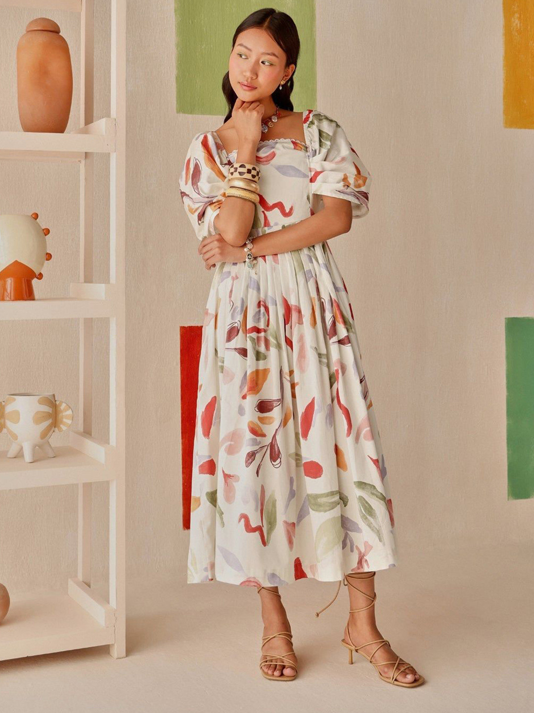 Sage by Mala Women Abstract Printed Puff Sleeve Cotton Fit & Flare Midi Dress