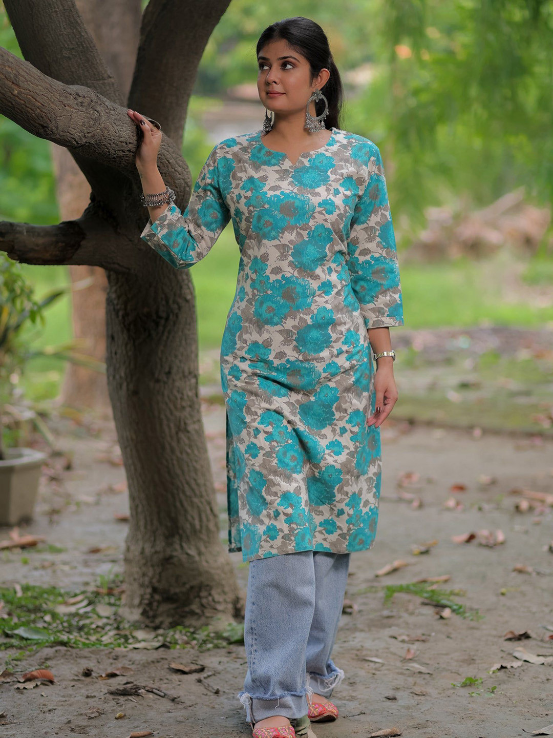 Banarasi Kargha Women Floral Printed Pure Cotton Kurta