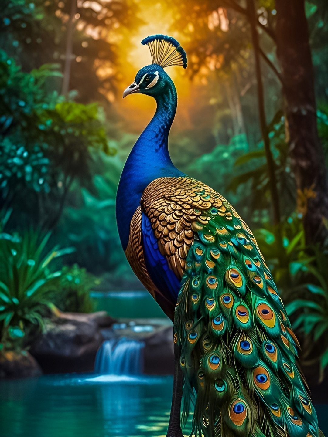 PixelAura Blue & Green Peacock With Feathers Paper Printed Wall Stickers