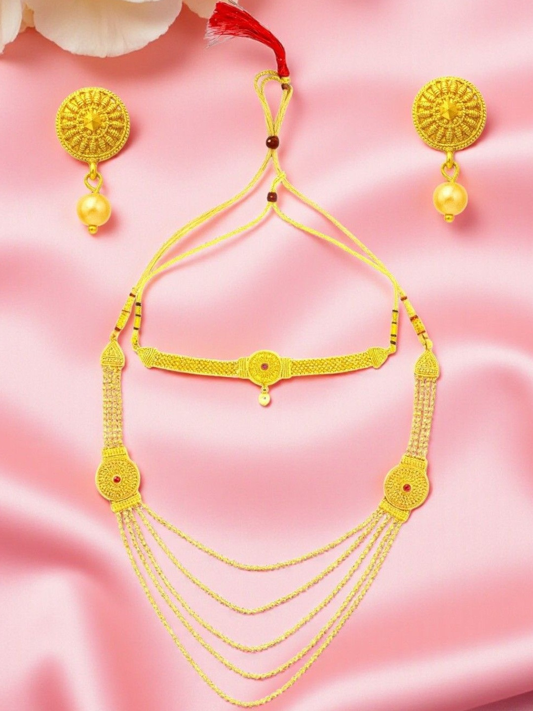 AccessHer Women's Elegant Layered Gold-Plated Necklace Set with Red Stones