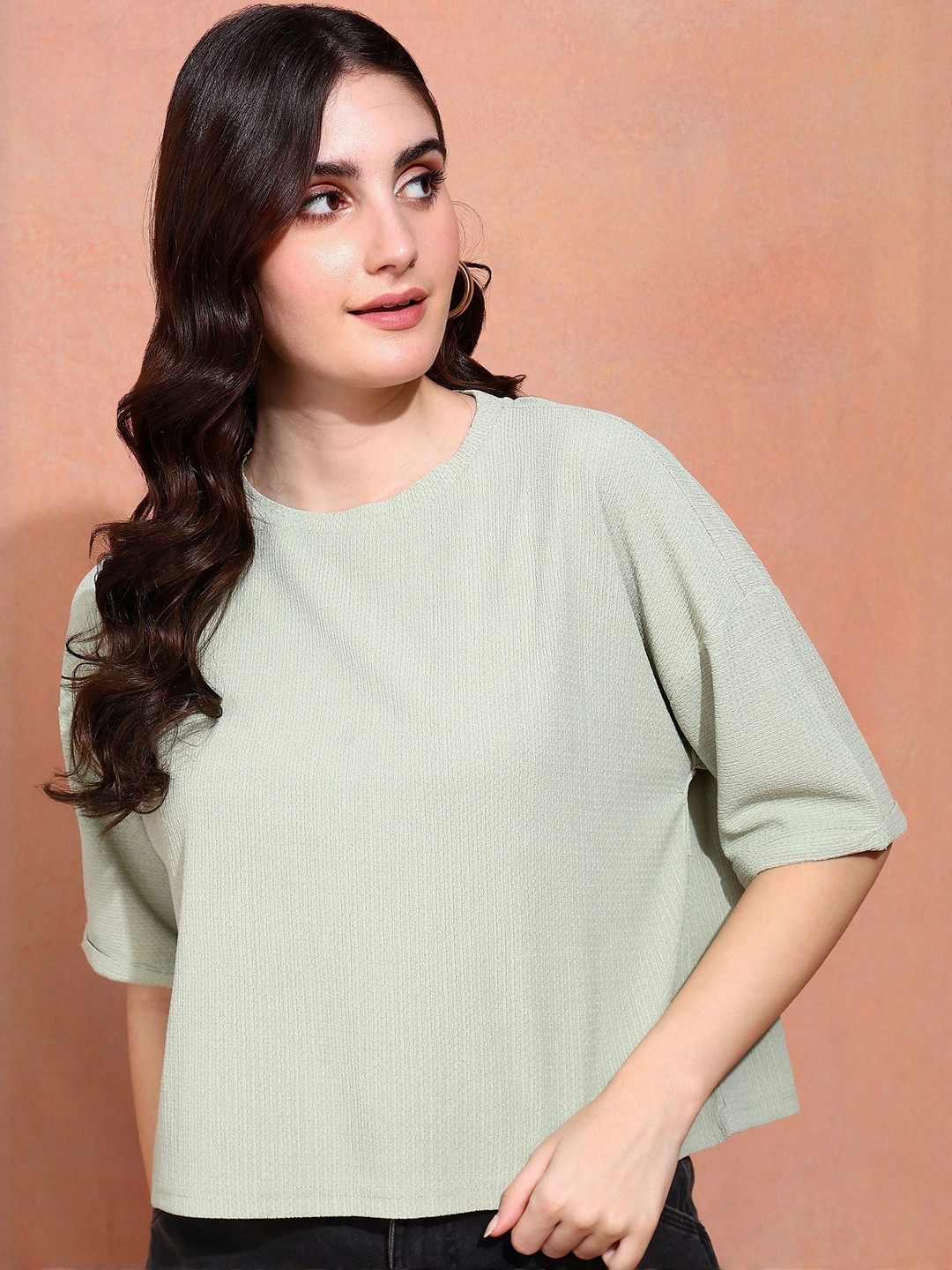 ANN SPRINGS Women Green Ribbed Round Neck Top