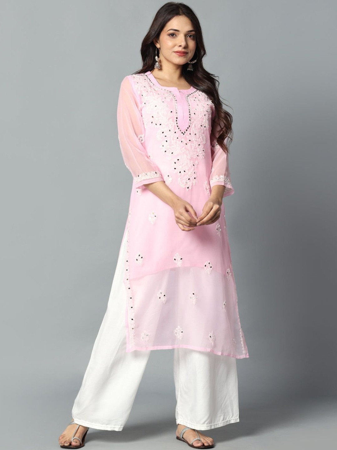 MALABIS Women Chikankari Chiffon Mirror Work Straight Kurti With & Matching Cotton Inner