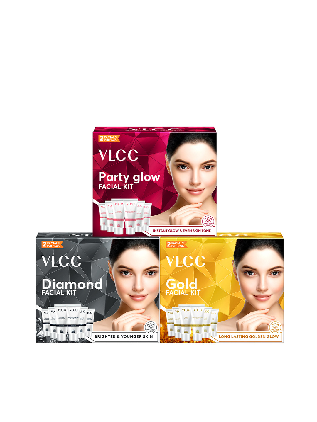 VLCC Set of 3 Single Facial Kits - Gold + Diamond + Party Glow - 60g each