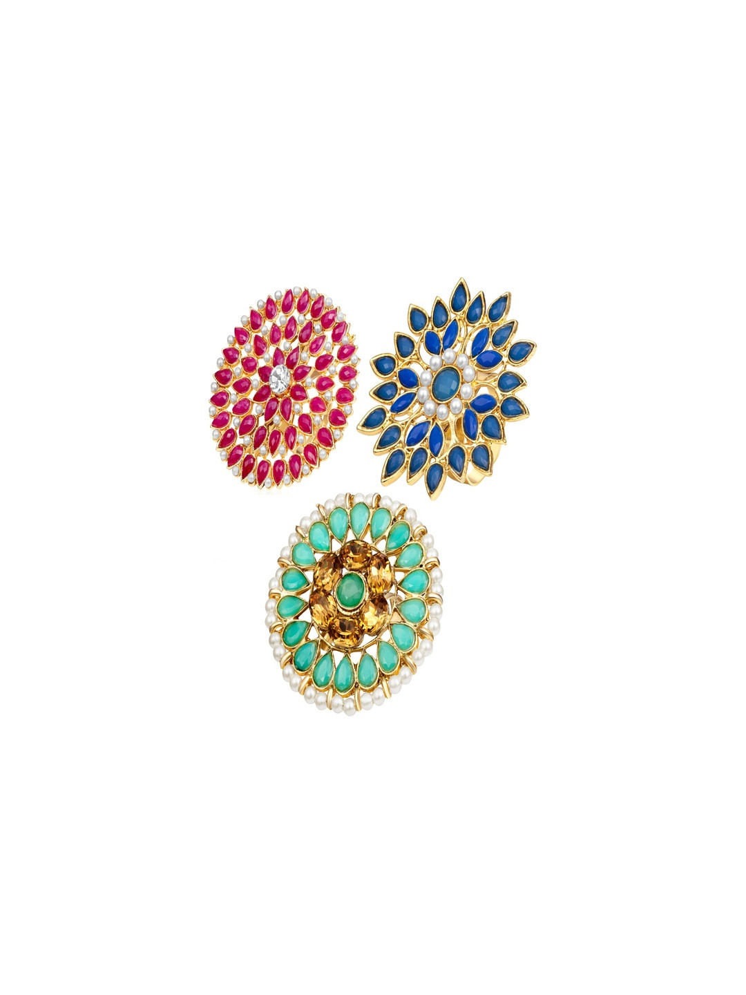 Ethnic Women Set of 3 Gold-Plated Artificial Stones and Beads Finger Rings
