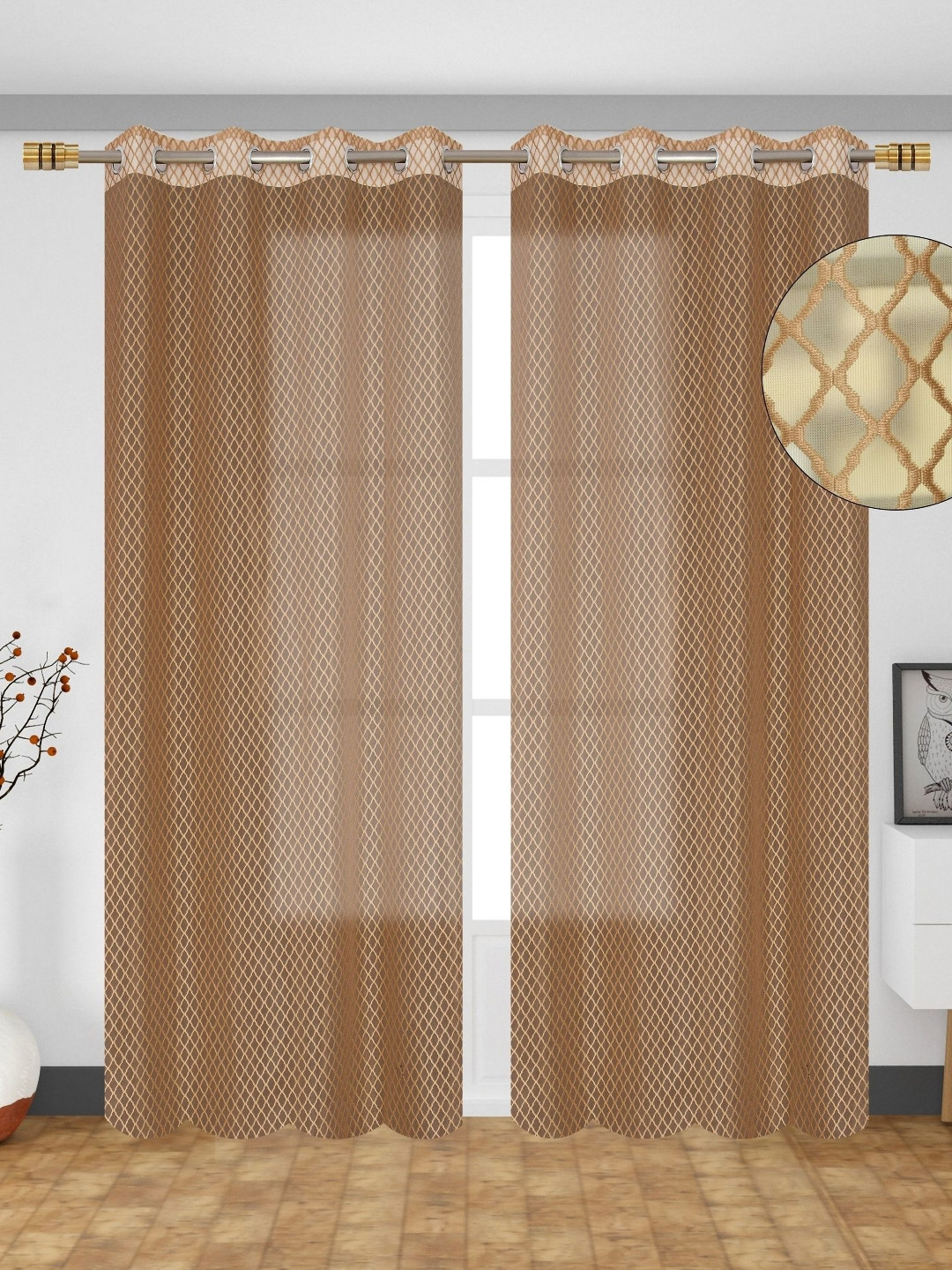 GEET CREATIONS Brown Coloured Cross Net Printed Sheer Door Curtain