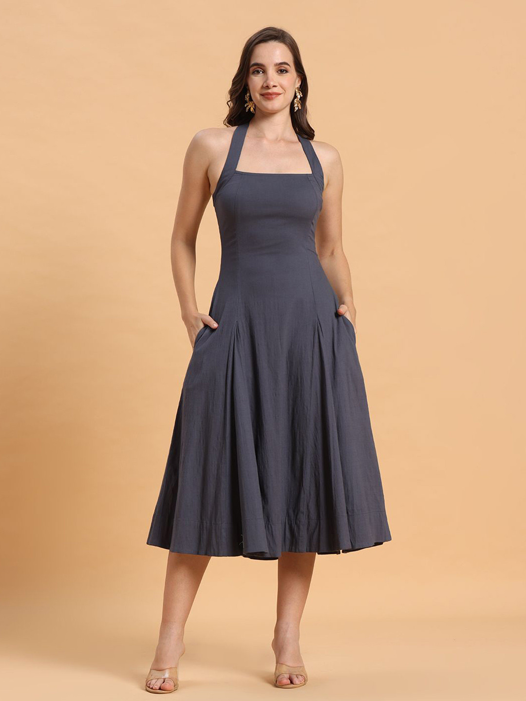 AKANYA Sarah Women Halter Neck Organic Cotton Fit & Flare Midi Dress