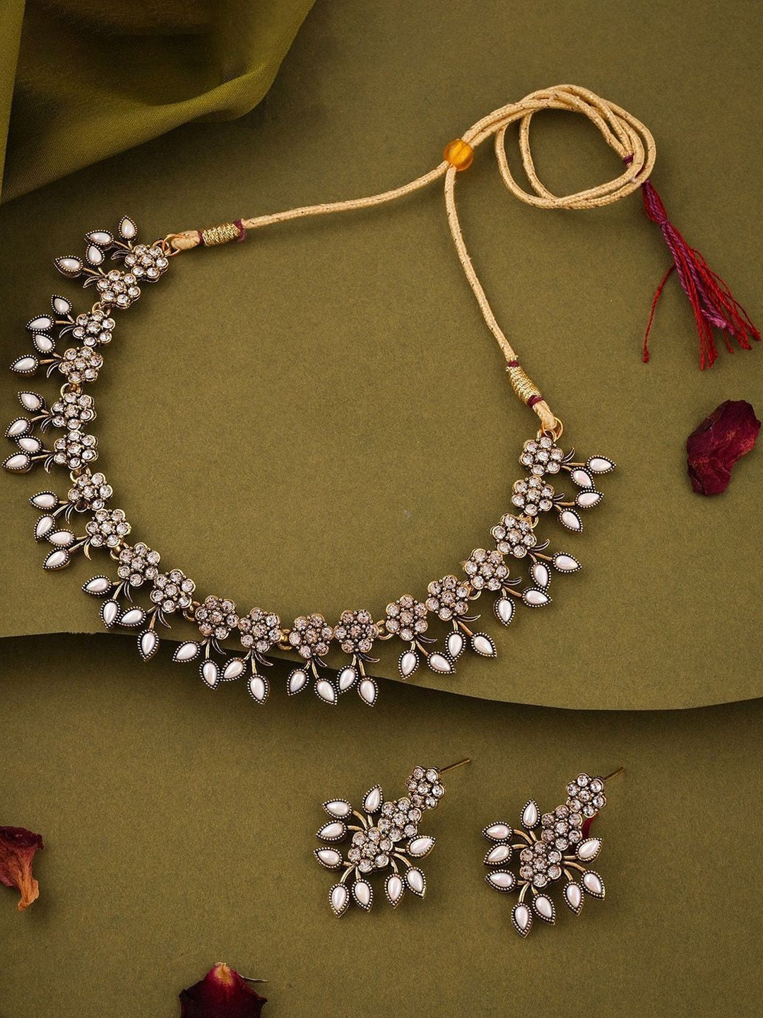 Brass Gold Plated Choker Necklace Set with AD Diamonds & Drop Earrings for Women & Girls